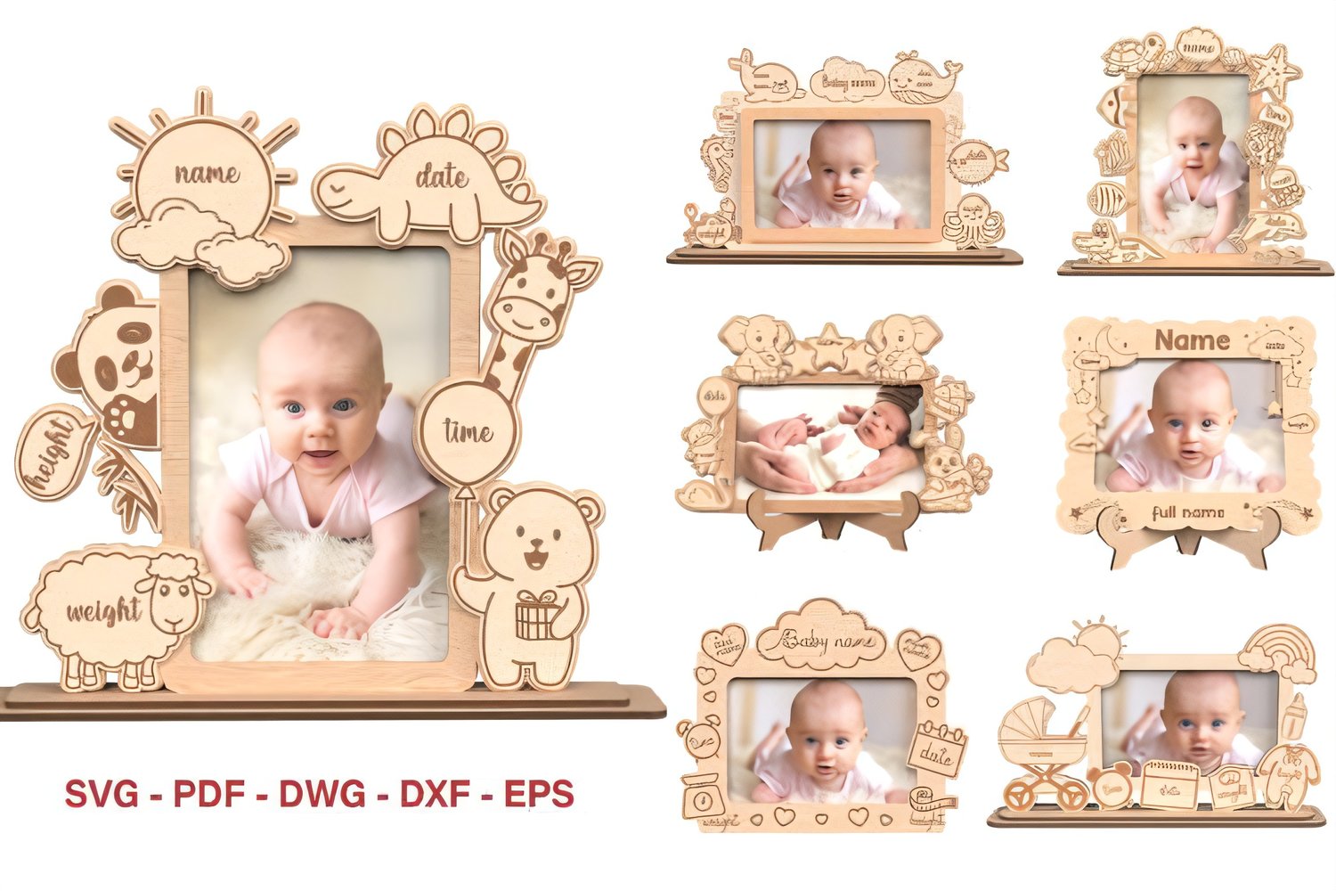 Personalized baby photo frame bundle — multi-format SVG, PNG, DXF, PDF files for crafting custom engraved frames with name and birth details; perfect for nurseries, gifts, and keepsakes.