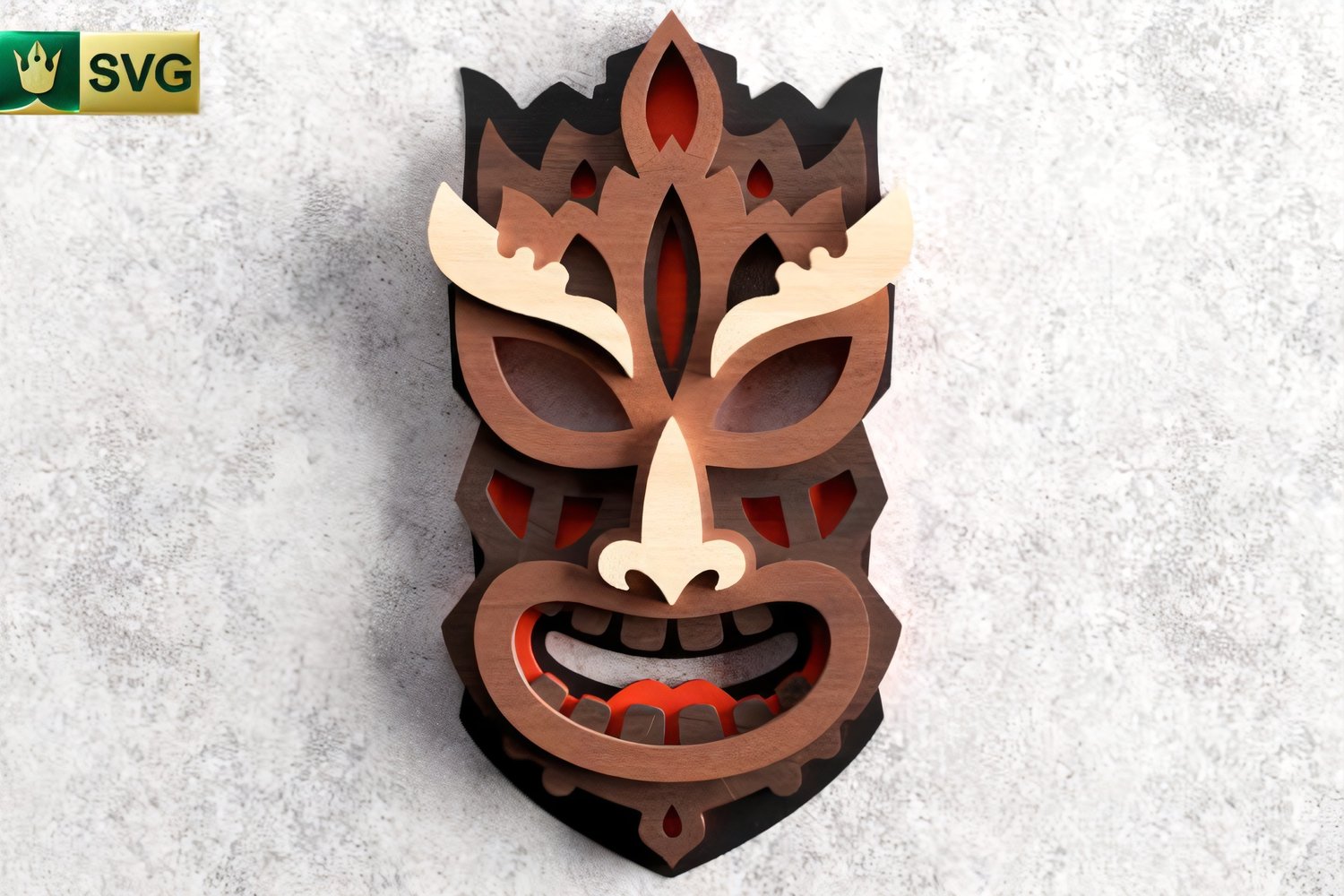 Bold 3D tribal mask SVG — layered, laser-ready cut files with intricate geometric patterns for wood, acrylic, or paper; perfect for striking wall art, props, and cultural decor.