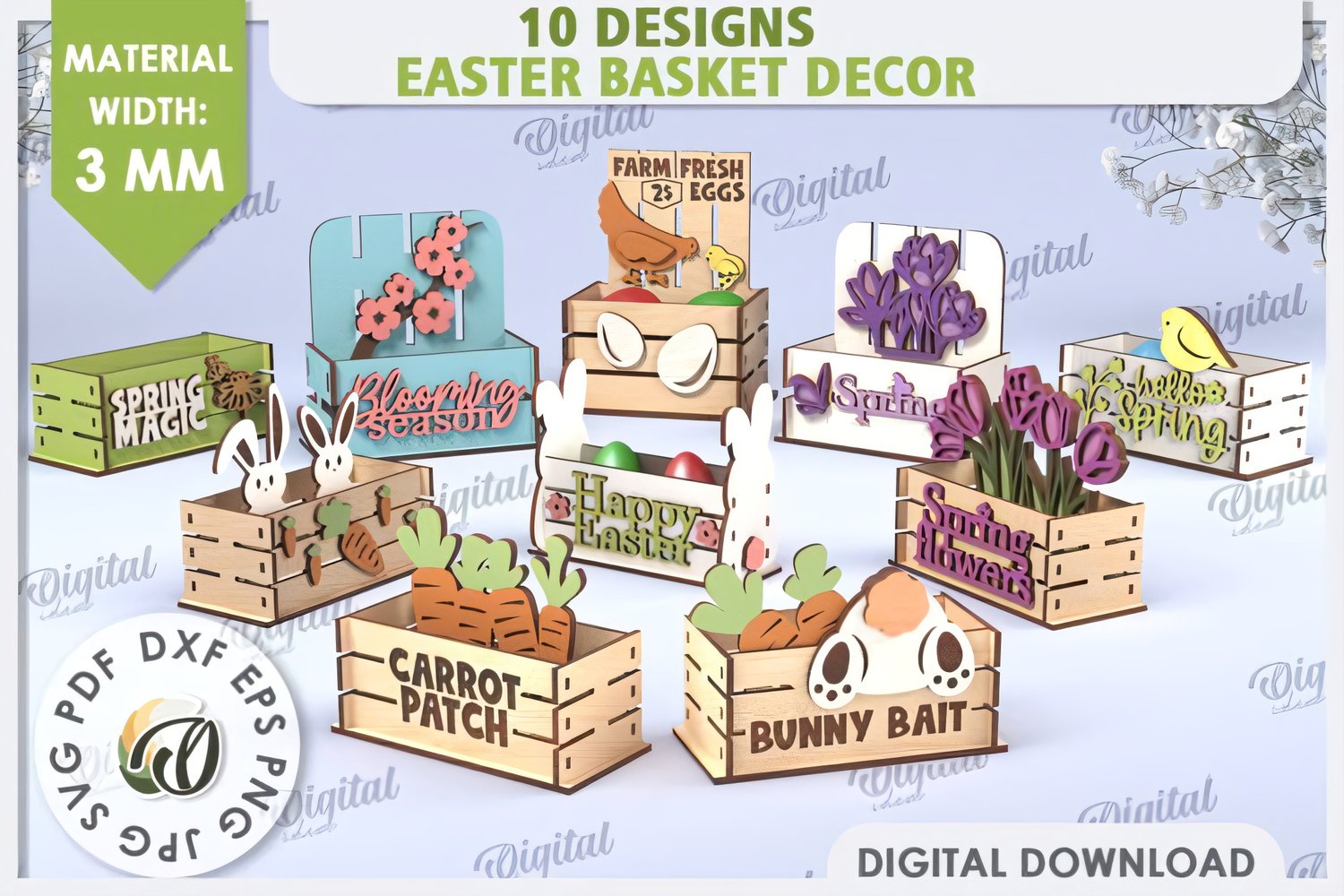 Festive Easter box laser-cut pack — layered 3D templates optimized for plywood, cardstock, or acrylic; easy-to-assemble designs perfect for party favors, treats, and seasonal décor.