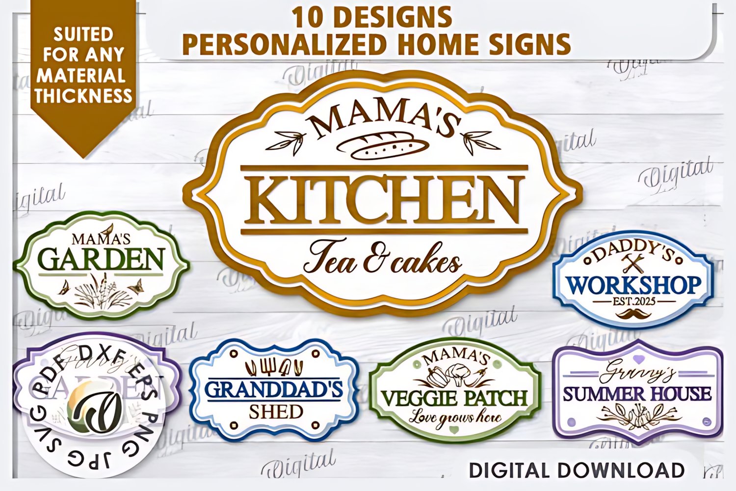 Customizable wooden sign SVG pack — precision-ready templates with layered designs and engraving guides for entryways, kitchens, and living rooms; perfect for plywood, MDF, or reclaimed wood.