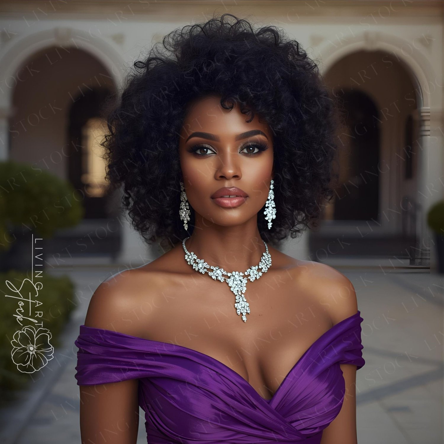 A stunning, high-fashion portrait of a beautiful Black woman with voluminous, naturally curly dark hair, wearing an elegant, off-the-shoulder purple gown or dress. She is adorned with magnificent diamond jewelry, including large, dangling earrings and a s