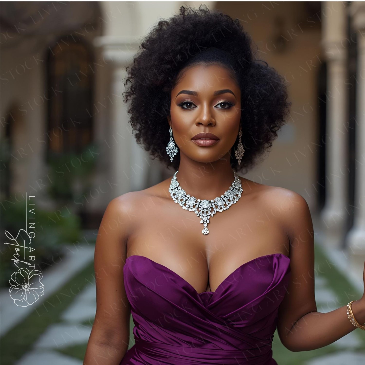 A striking, intimate, high-fashion portrait of a confident Black woman with a serious, captivating gaze, wearing a strapless, richly-colored purple gown featuring draped fabric over the bust. She is adorned with magnificent diamond statement jewelry, incl