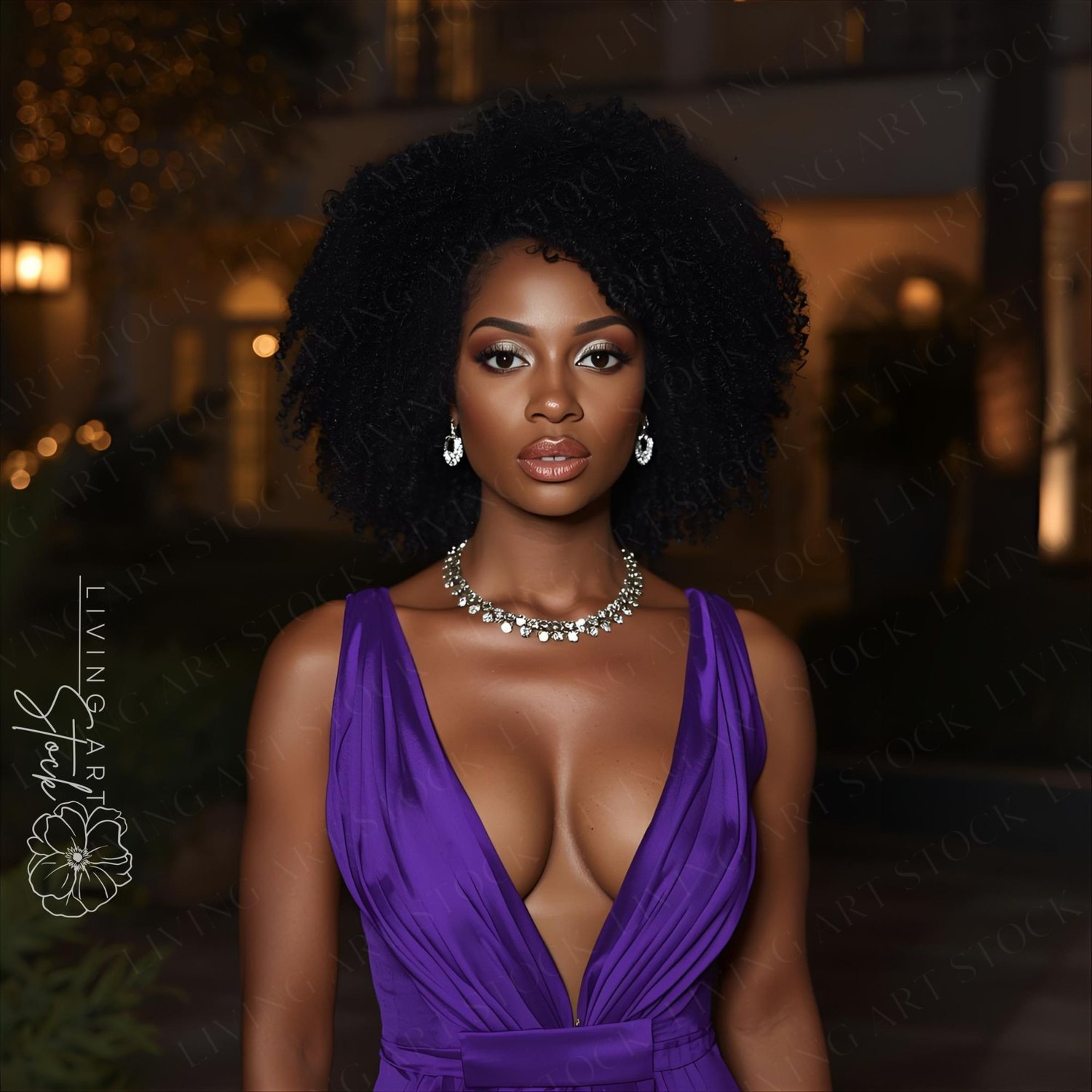 A luxurious and bold evening portrait of a beautiful Black woman with a dramatic natural afro hairstyle and sophisticated makeup. She is dressed in an elegant, sleeveless deep purple satin gown with a plunging V-neckline that meets a cinched waist. She we