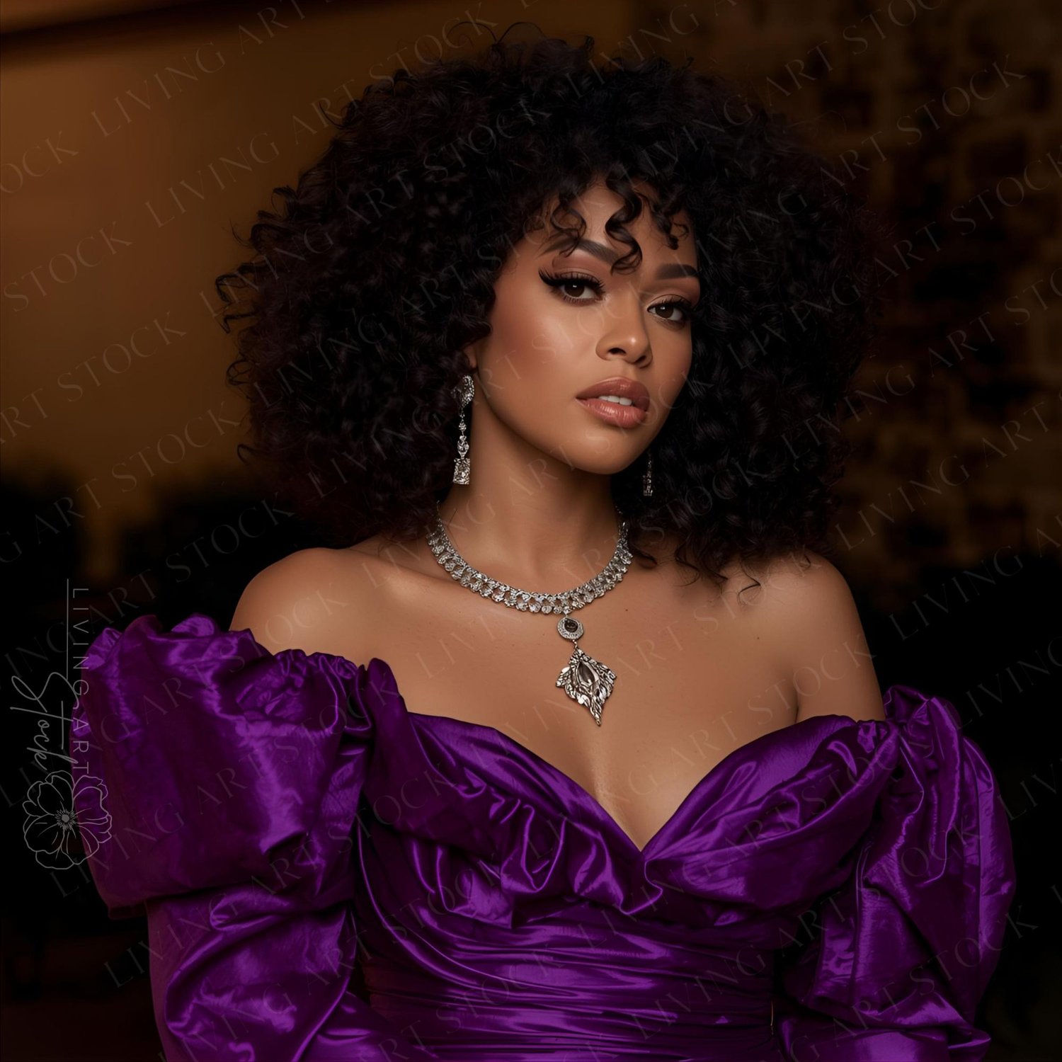 A luxurious, high-fashion portrait of a beautiful woman with voluminous, curly dark hair, wearing a dramatic, off-the-shoulder purple gown featuring voluminous, puffy sleeves and draped fabric. She is adorned with magnificent diamond jewelry, including a 