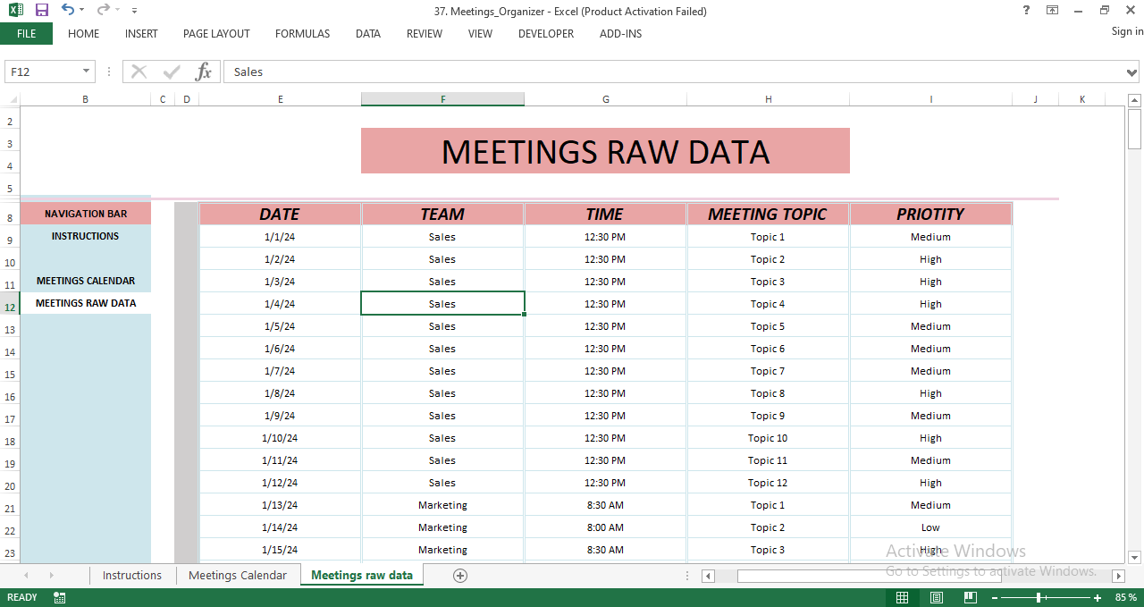 “Meetings Raw Data sheet in Excel displaying detailed meeting records including date, team, time, topic, and priority for calendar automation.”