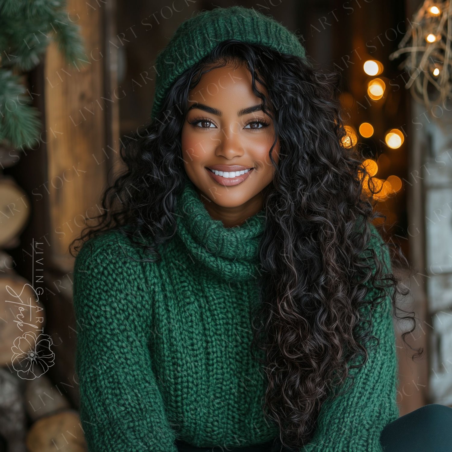 A close-up, engaging portrait of a stunning young brown woman smiling genuinely while dressed in cozy, oversized emerald green winter knitwear. She is wearing a thick, chunky turtleneck sweater and a matching knit beanie or hat. Her long, dark, voluminous