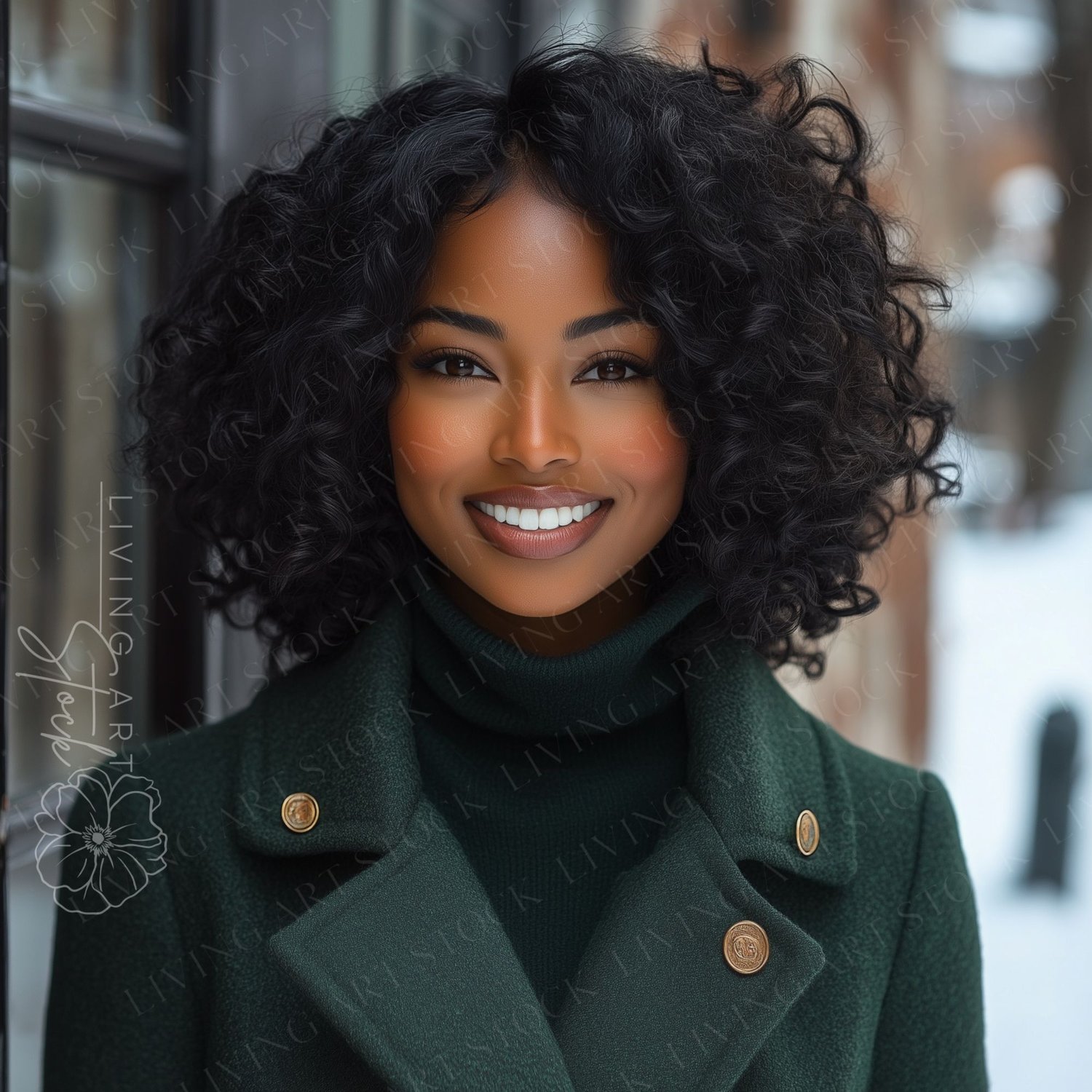 A sophisticated, close-up portrait of a gorgeous young African American woman smiling confidently for the camera. She is impeccably dressed in a tailored, rich Evegreen wool coat with large lapels and prominent gold or brass military-style buttons. Undern