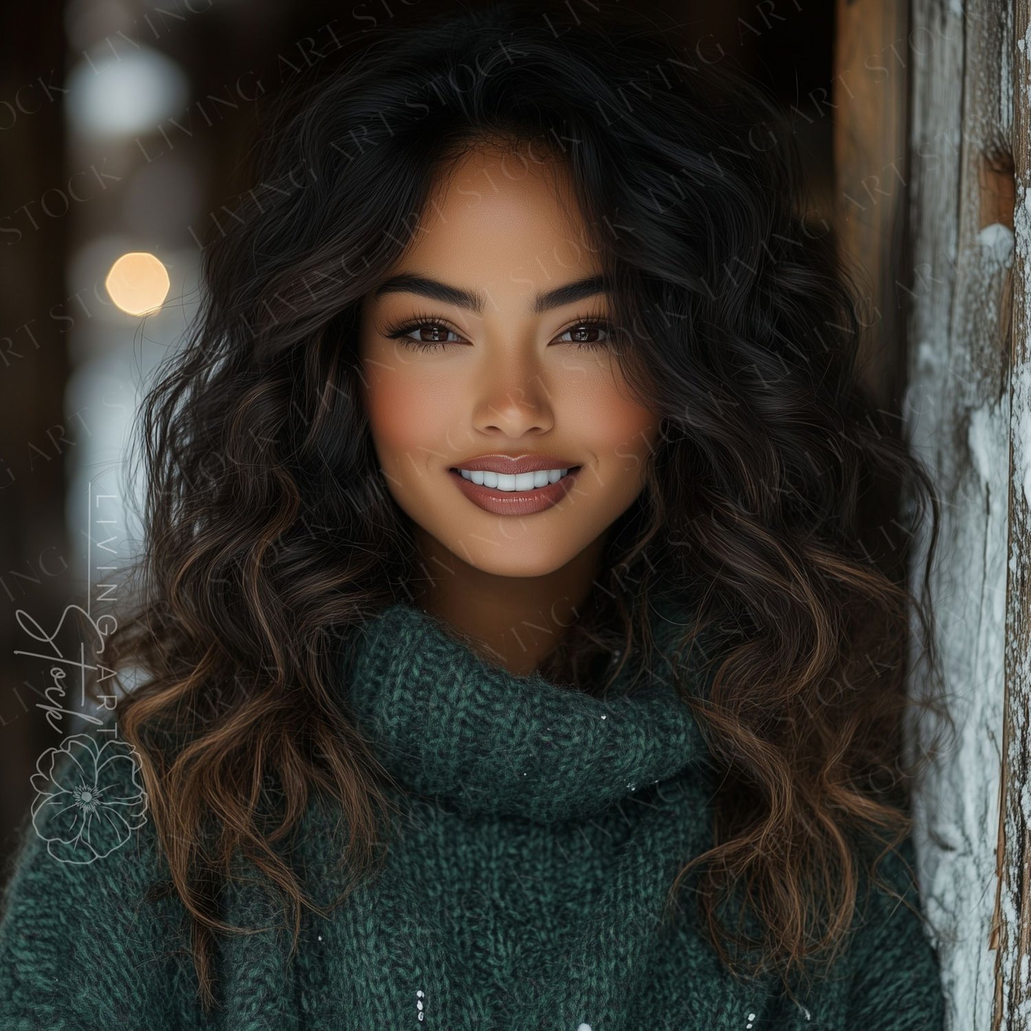 A close-up, striking portrait of a beautiful young woman with long, dark, wavy hair, featuring subtle highlights. She has a gentle, warm smile and is looking directly at the camera. She is wearing a thick, oversized, chunky knit turtleneck sweater in a ri