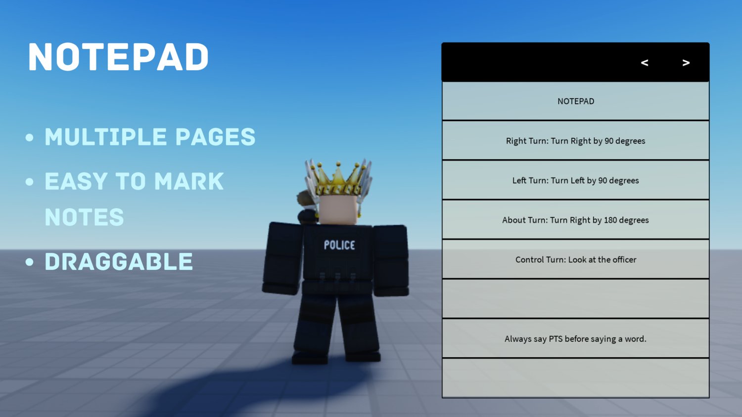 Working note-writing tool inside a Roblox roleplay game