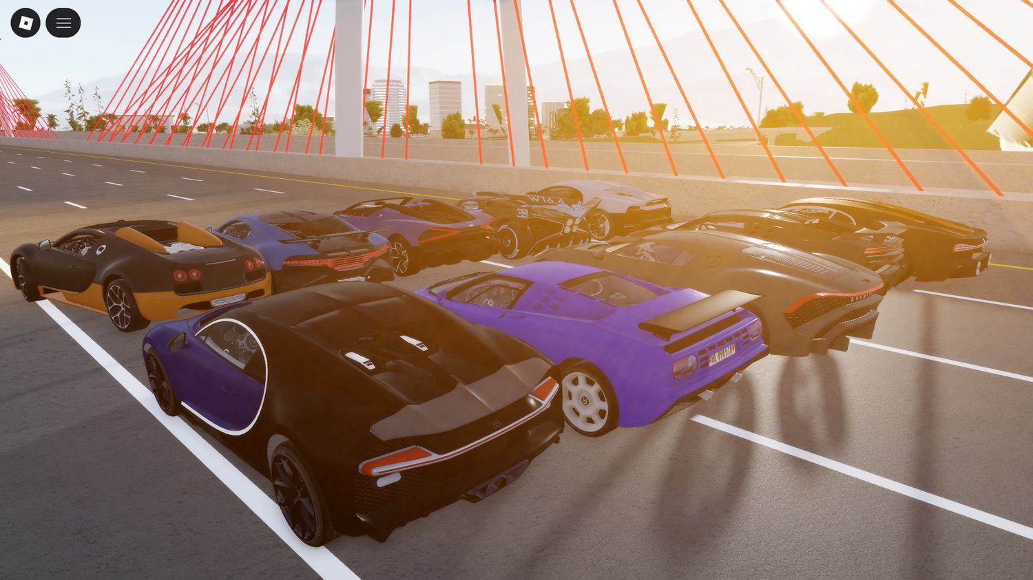 ten roblox bugatti cars parked side by side