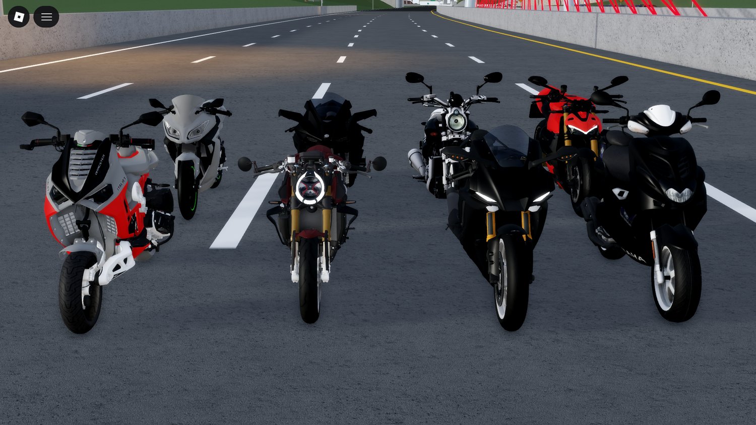 motorcycle lineup on a racetrack setting in roblox