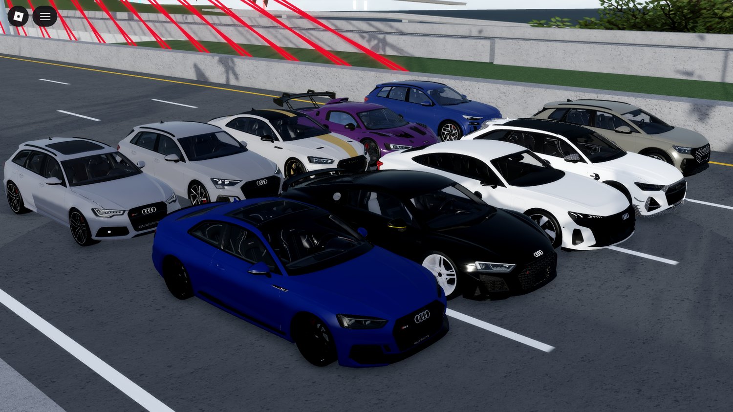 roblox audi lineup parked in a city street