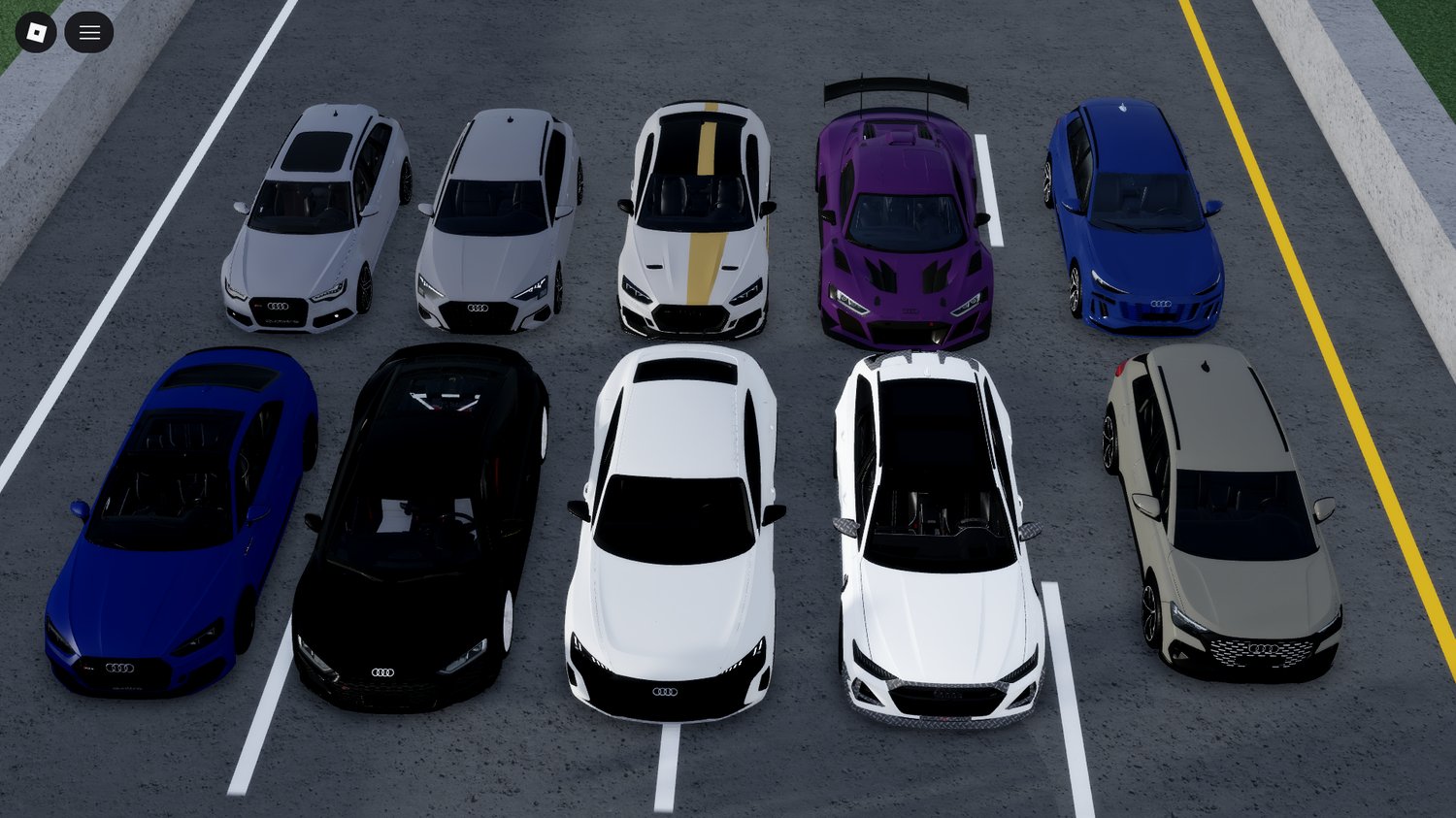 ten audi cars displayed in a roblox showroom