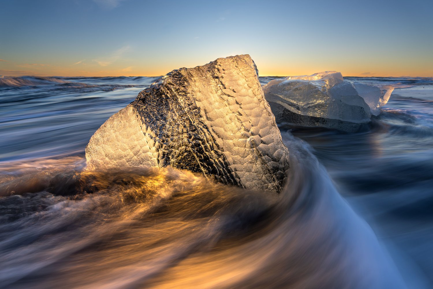 Ice beach diamond long exposure iceland sunrise wide angle