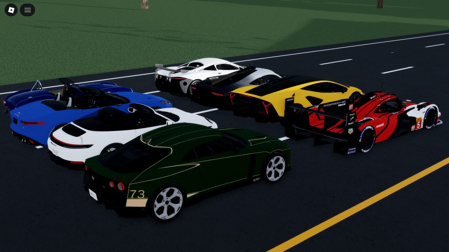 variety of roblox car designs parked together