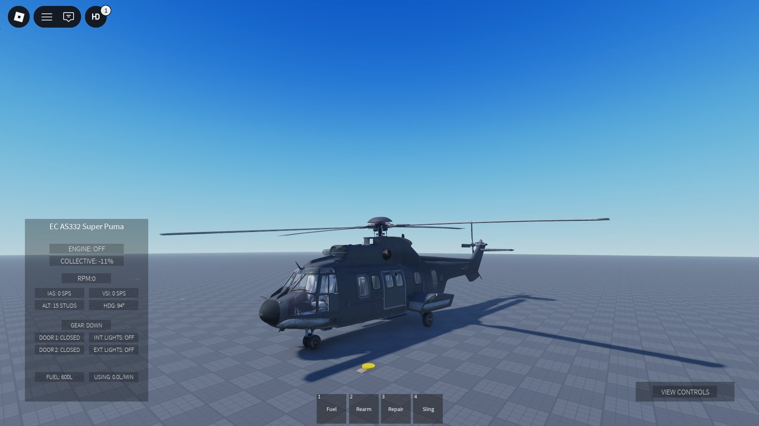 close-up of a fully working cougar helicopter on a helipad