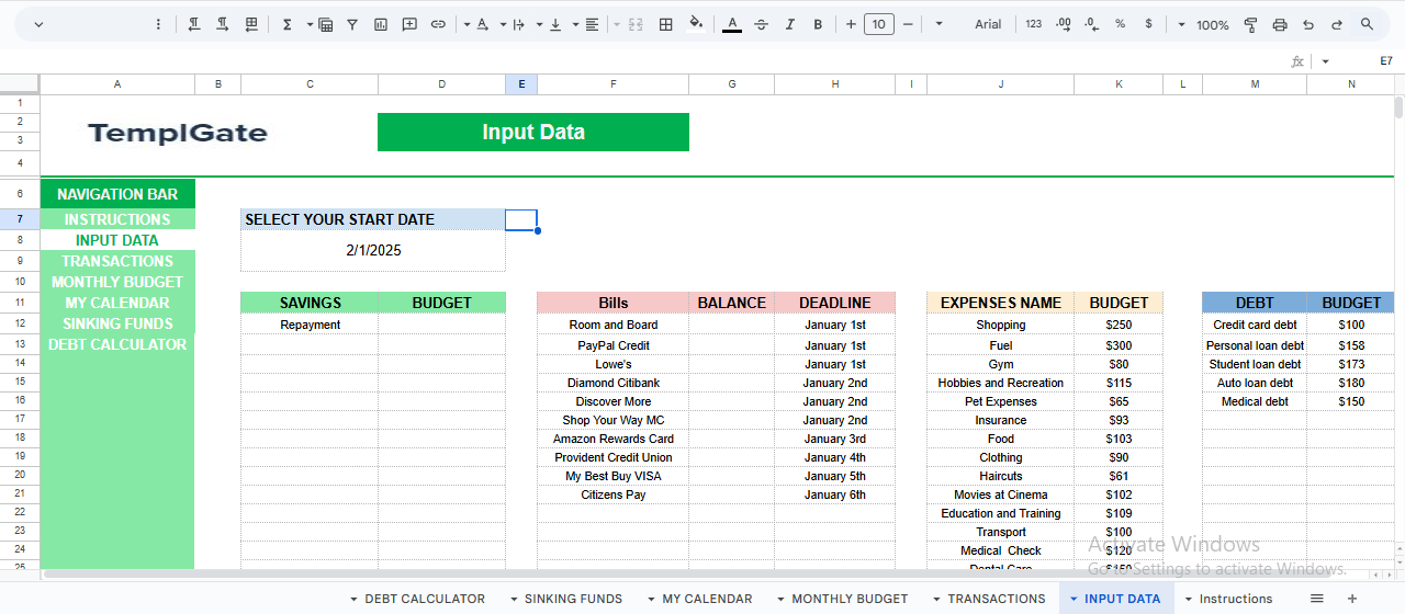 “Financial input data sheet in Google Sheets for entering start date, savings, bills, expenses, budgets, and debt categories for a monthly budget planner.”