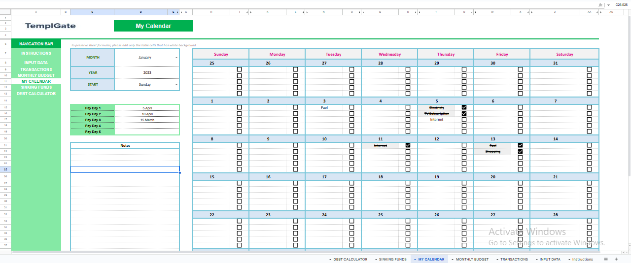 “Google Sheets monthly calendar for tracking bills, paydays, expenses, and reminders inside a personal finance and budgeting template.”