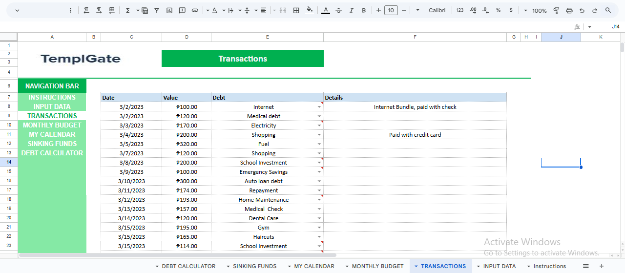 “Transactions tracker in Google Sheets listing dates, amounts, categories, debts, and notes for organizing monthly expenses in a budgeting template.”