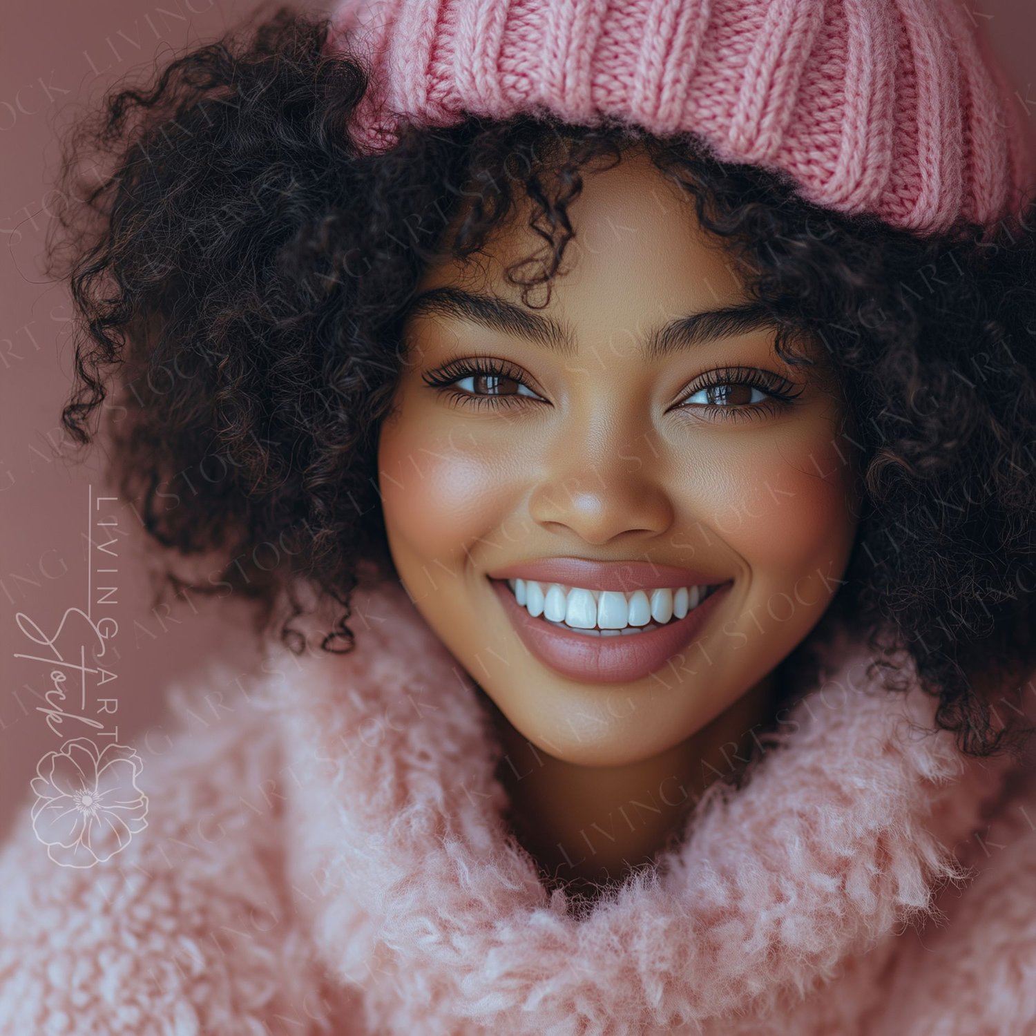 A close-up, brightly lit studio portrait features a stunning young Black woman with voluminous, dark, natural curly hair. She is smiling genuinely at the camera, showcasing a perfect white smile. She is wearing warm, pink winter attire, including a textur