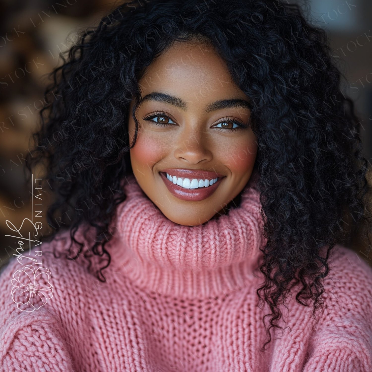 A radiant, close-up portrait captures a young Black woman with an infectious, wide smile and bright, expressive brown eyes, looking directly into the camera. She has lush, dark, natural curly hair and is wearing a chunky, ribbed knit turtleneck sweater in