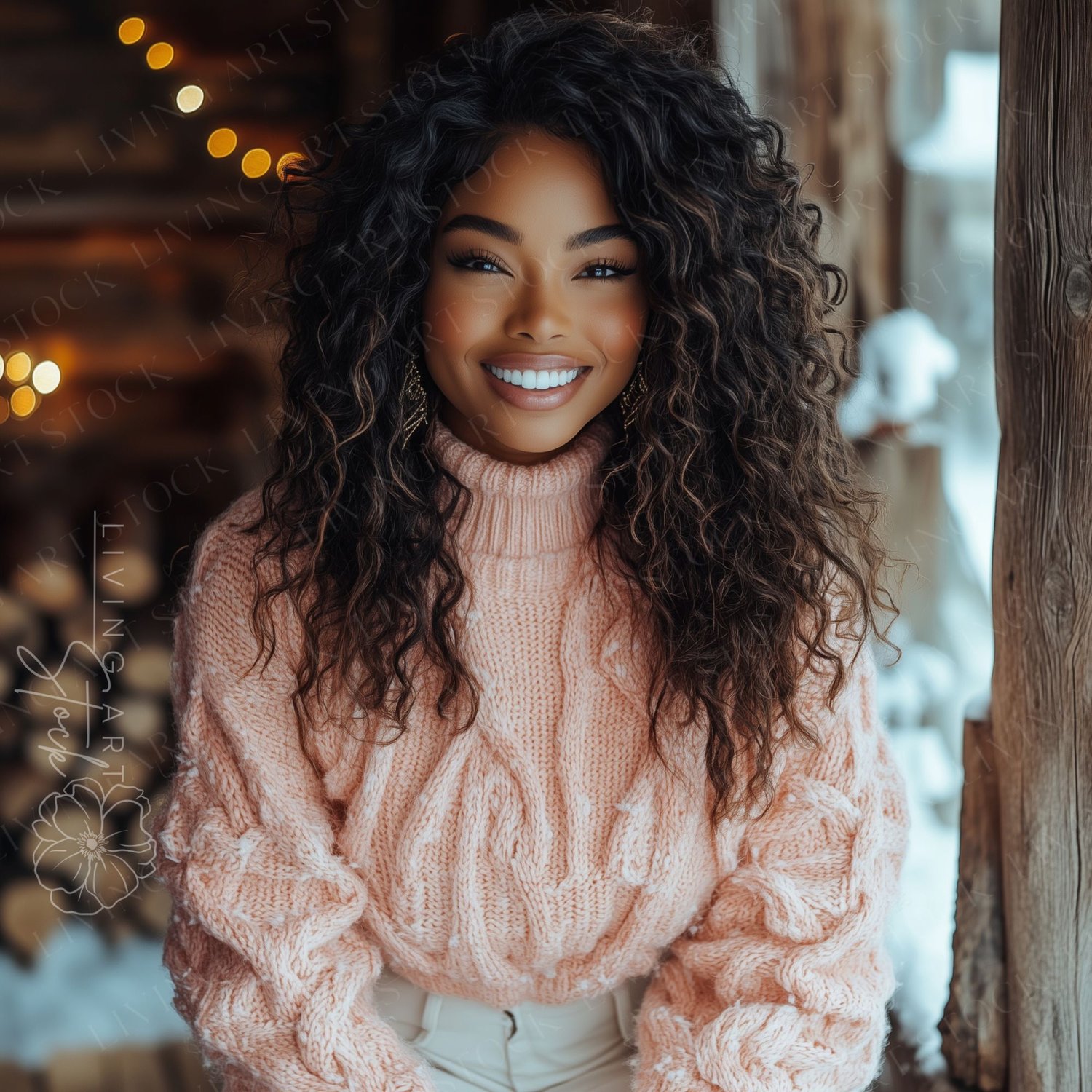 A beautiful, happy young woman with long, dark, curly hair and warm, natural makeup is centered in a close-up portrait, smiling directly at the viewer with a genuine, bright expression. She is wearing a soft, chunky pink cable-knit turtleneck sweater and 