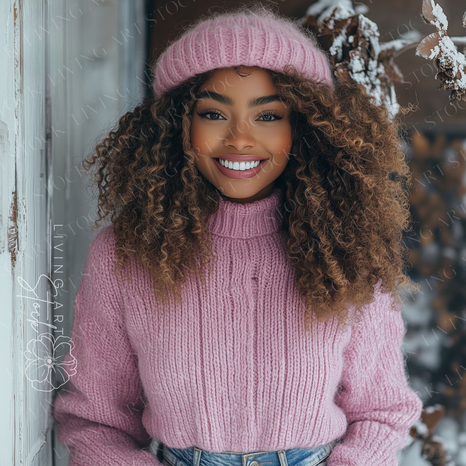 A beautiful young woman with bright, warm eyes and voluminous brown curly hair is centered in a close-up portrait, smiling widely and genuinely at the camera. She is dressed warmly for winter in a ribbed pink knit turtleneck sweater and a matching pink kn