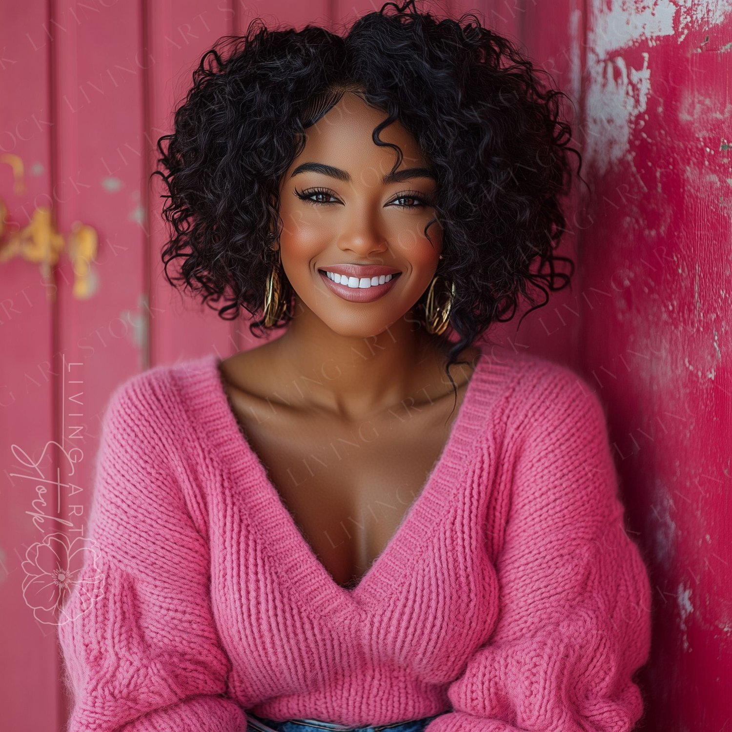A close-up, brightly lit portrait of a joyful, attractive young Black woman with a warm complexion and voluminous, dark, naturally curly hair. She is wearing a chunky, soft pink knit v-neck sweater with puffy sleeves and is smiling genuinely, showing a pe