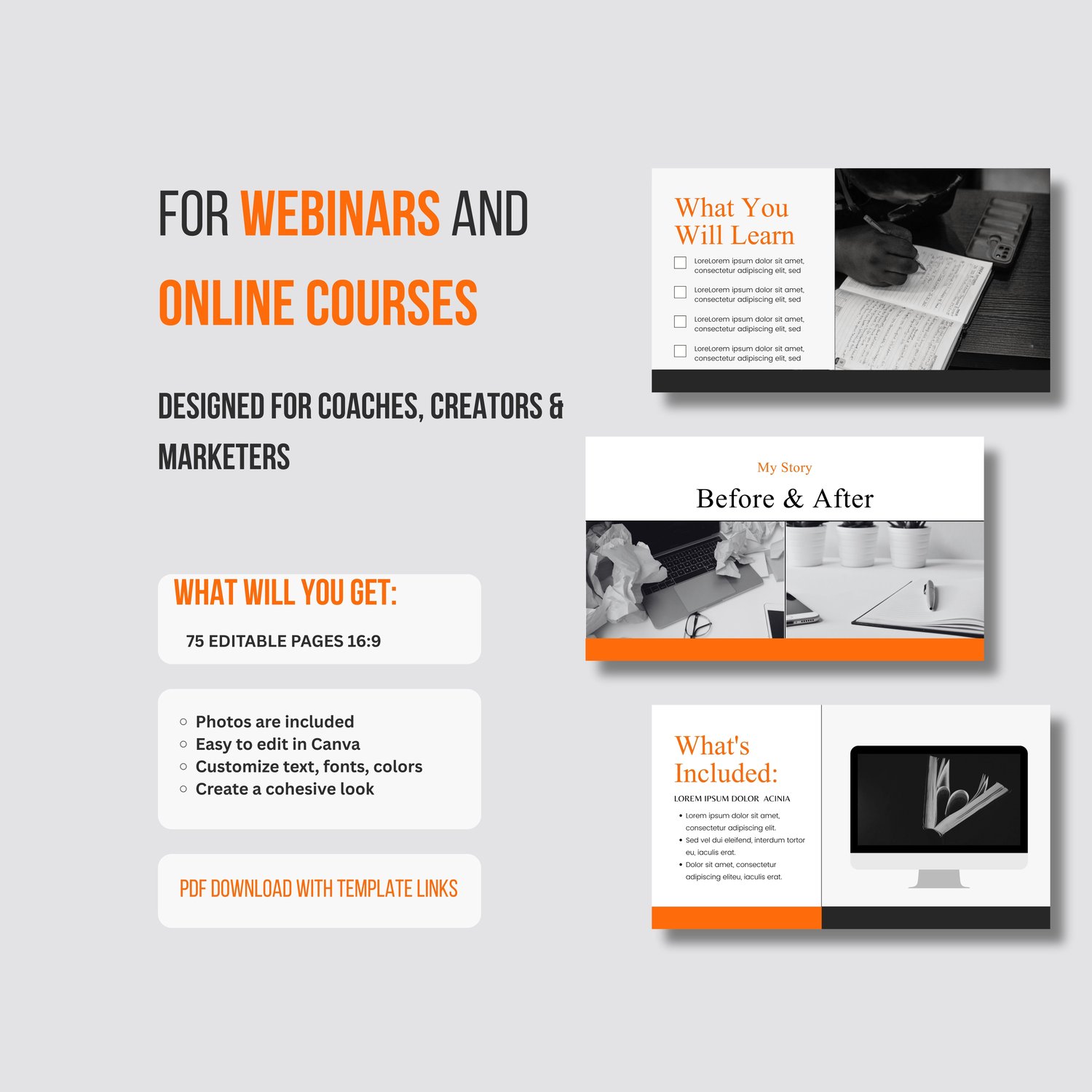 Editable lesson slide templates for online courses with subpoints and structure.