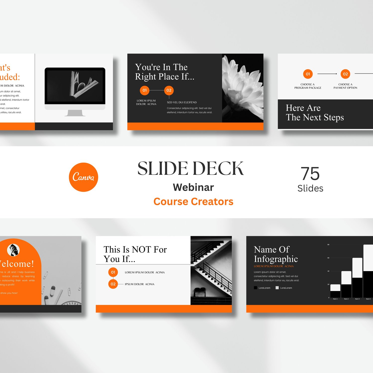 Orange black and white course creator slide deck with 75 editable Canva presentation slides.