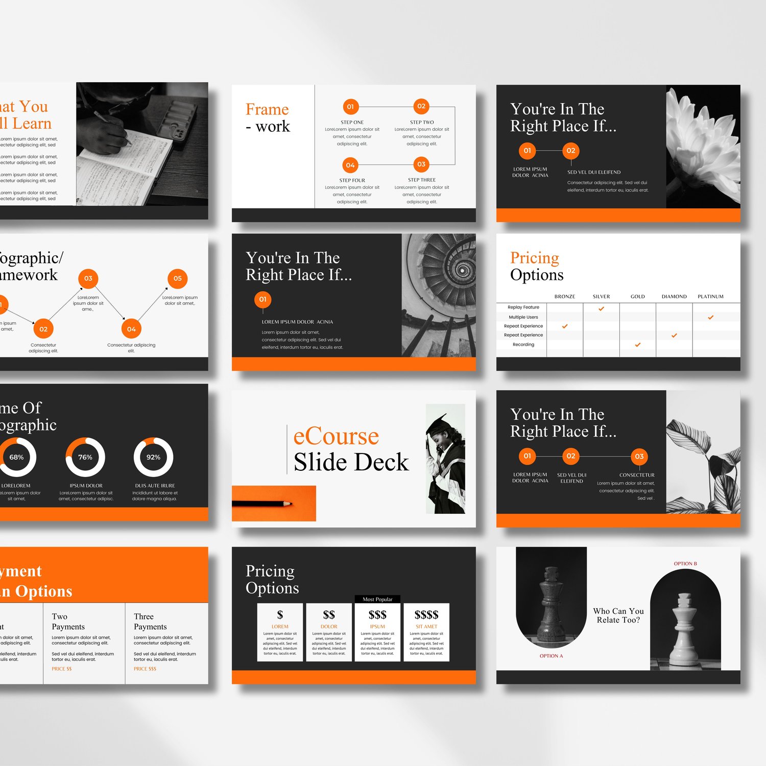 Webinar presentation template for coaches and creators in bold orange black design.