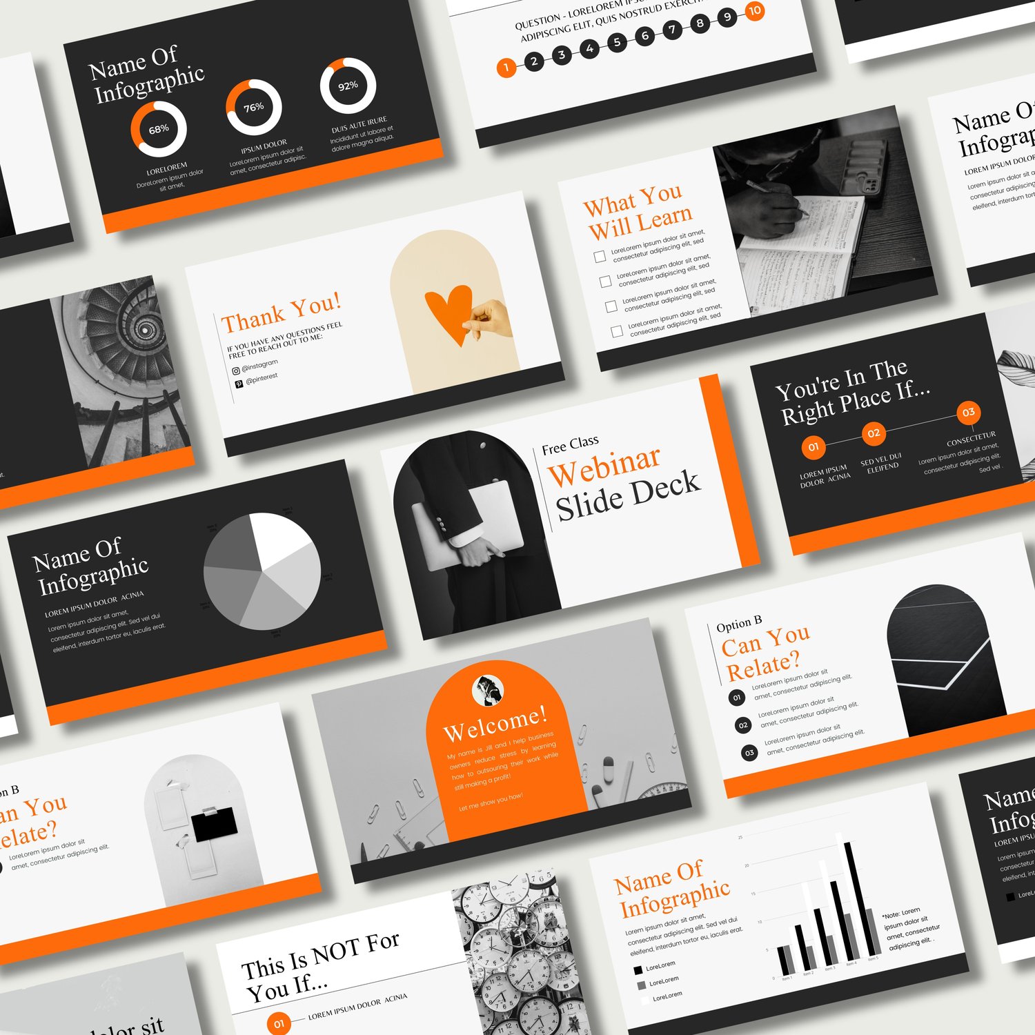 Canva presentation template for digital courses with orange black white theme.