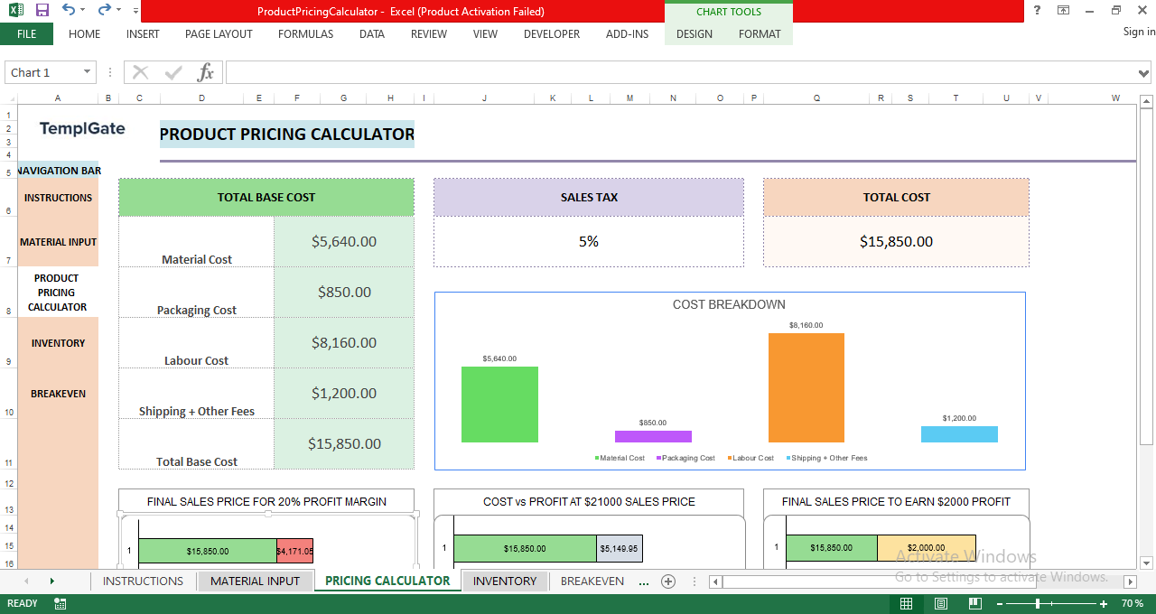 Product Pricing Calculator Spreadsheet Template with Cost Breakdown, Pricing Dashboard, and Inventory Tracker in Excel.