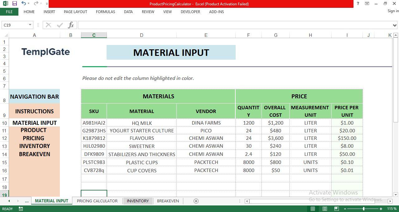 Material input sheet in Excel displaying raw material SKUs, vendors, quantities, measurement units, and cost per unit for product cost calculation