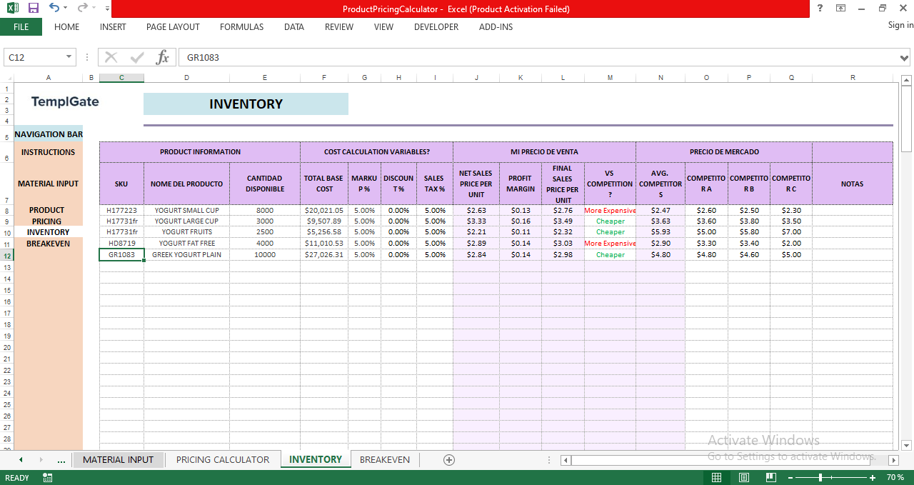 Inventory management spreadsheet with SKU tracking, product cost calculations, profit margins, selling price comparison, and competitor pricing.