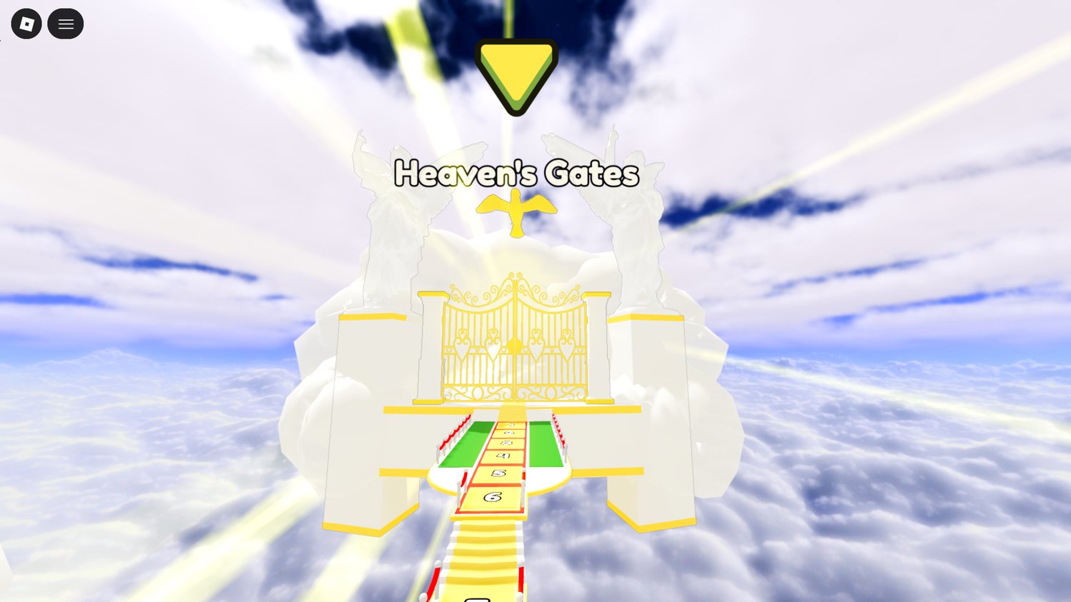 heaven themed walkway surrounded by bright light