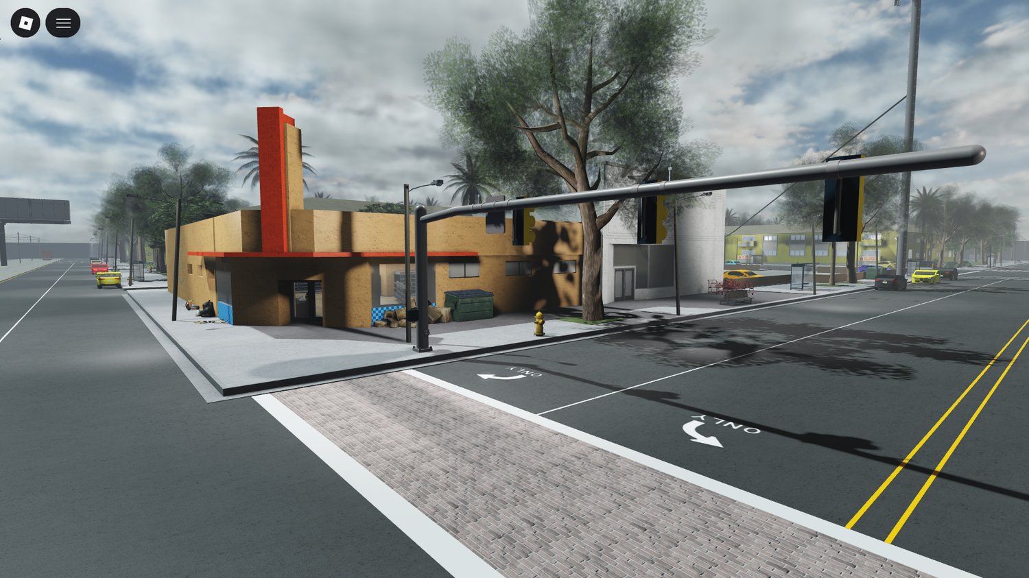 street scene with parked cars and textured sidewalks in roblox
