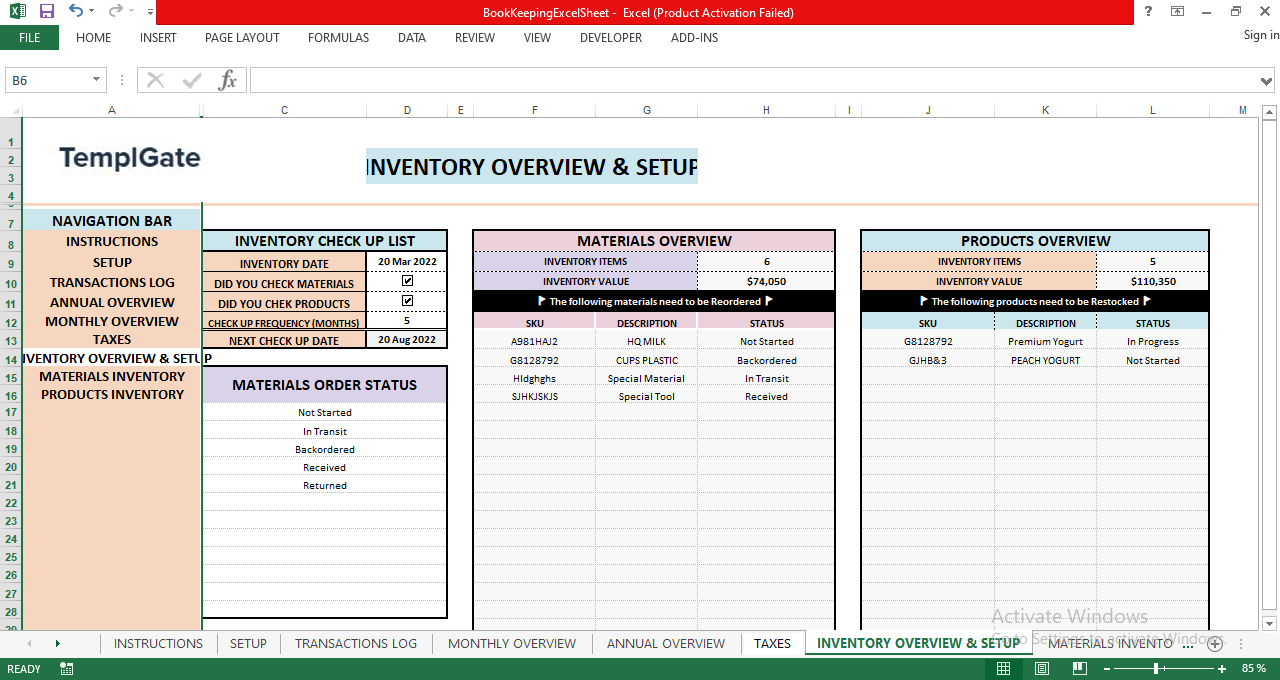 "Inventory overview dashboard showing materials and products status, inventory value, reorder alerts, and checkup list."
