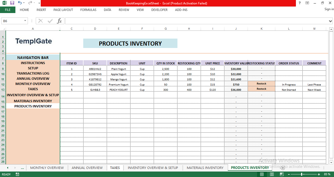 "Products inventory sheet listing product SKU, description, stock levels, unit price, restocking status, and inventory value."