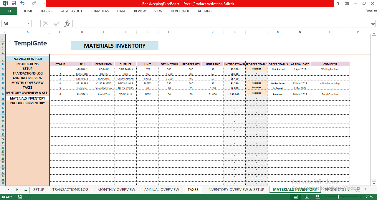 "Materials inventory sheet showing SKU, description, supplier, unit, stock quantity, reorder quantity, unit price, and inventory value."