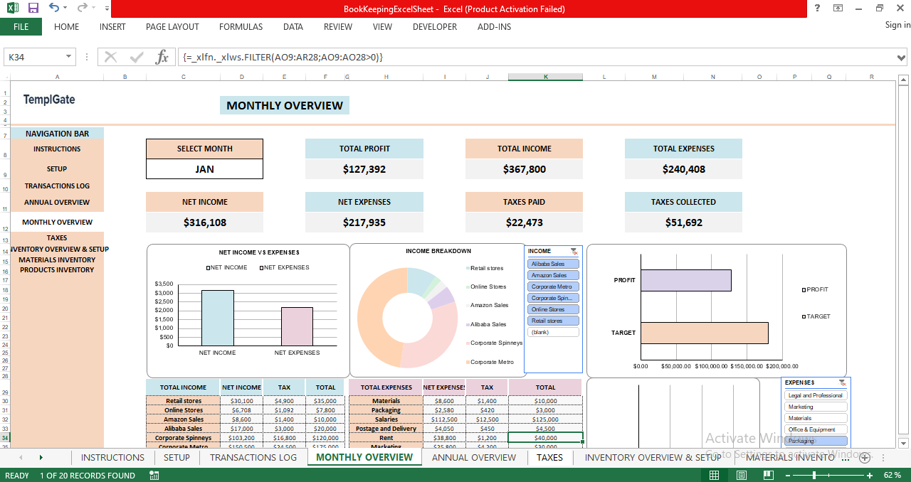 "Monthly financial dashboard displaying income, expenses, net income, taxes, and visual charts for monthly business performance."