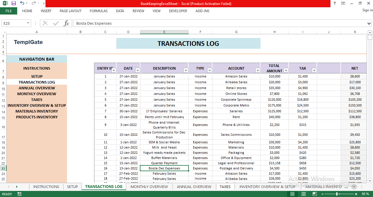 "Business transactions log showing income and expense entries with date, description, account, tax, and net amount columns."