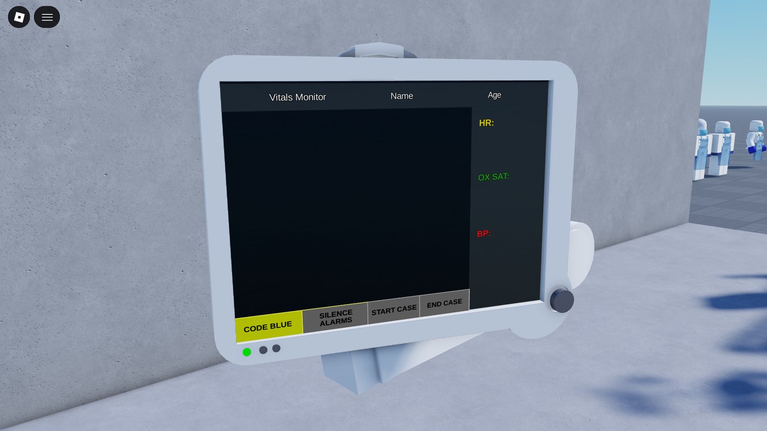 hospital bed with monitor showing player vitals