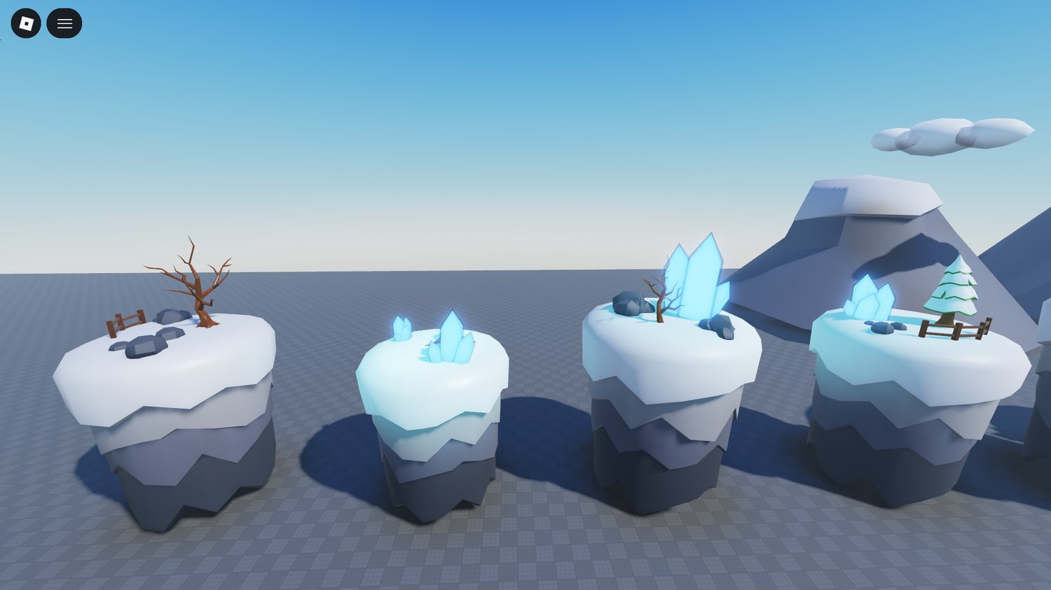 stylized snow covered mountains in roblox environment