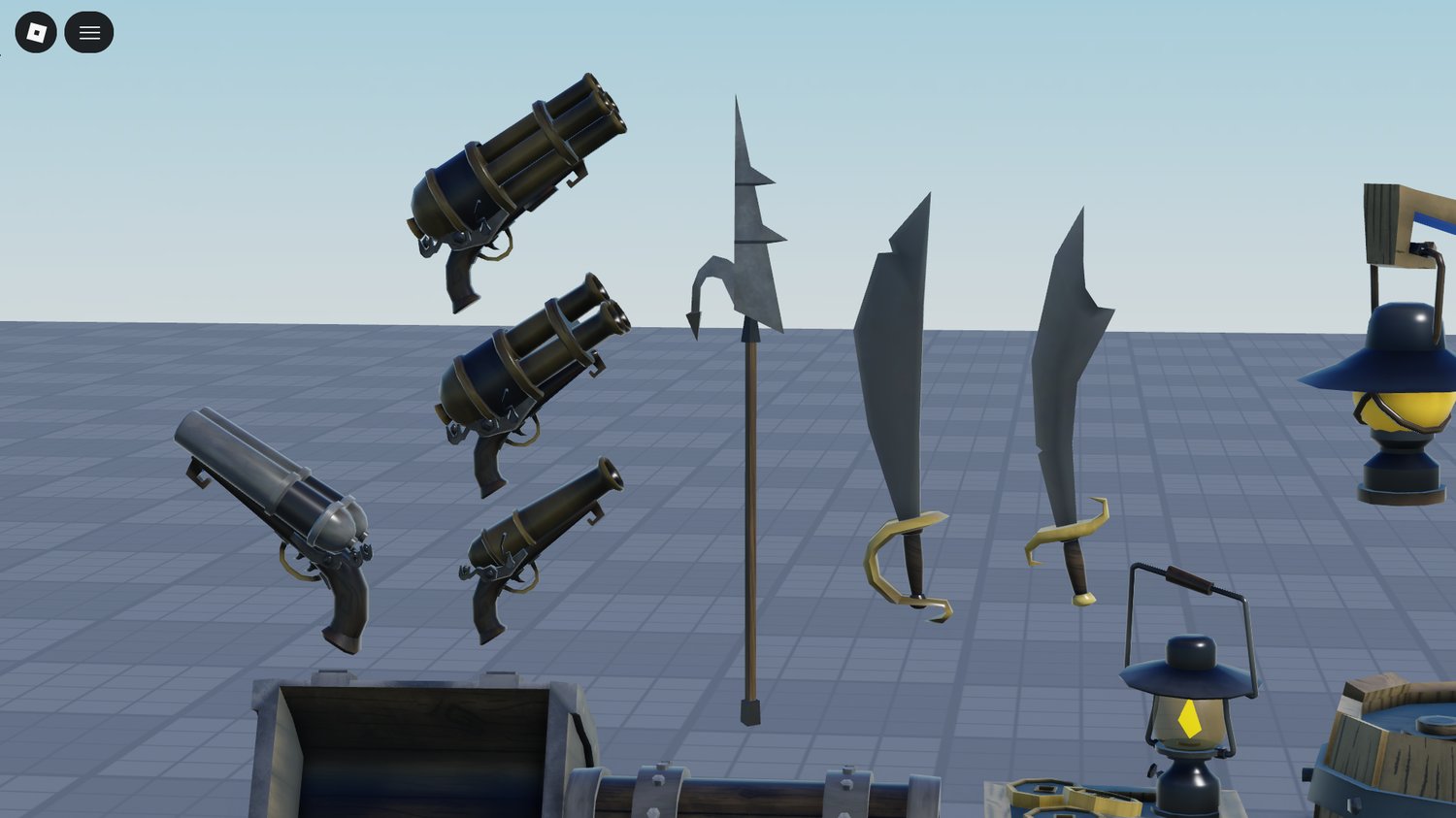 pirate props including swords barrels and crates