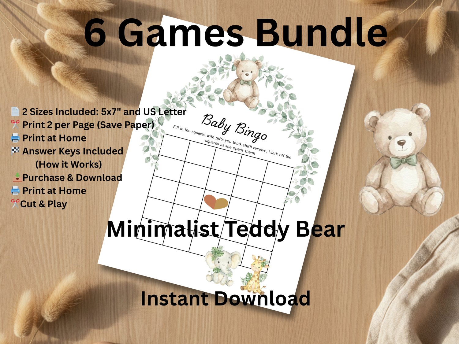 Close-up detail of cute watercolor teddy bear illustration on a minimalist baby shower game card.