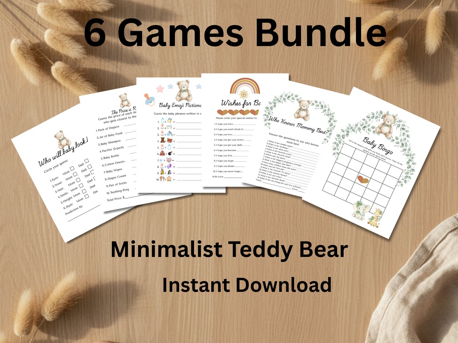 Minimalist Teddy Bear Baby Shower Games Bundle of 6 printable cards fanned out on a table.