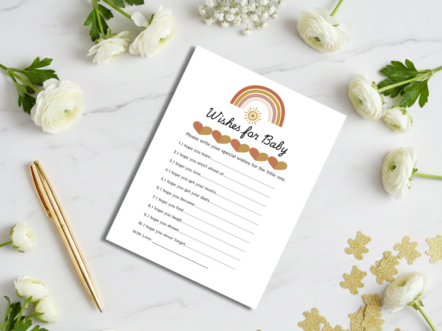 Close-up detail of cute watercolor teddy bear illustration on a minimalist baby shower game card.