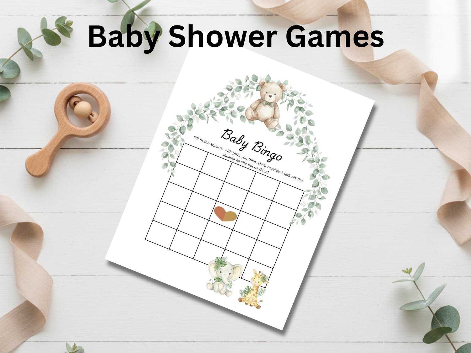 Close-up detail of cute watercolor teddy bear illustration on a minimalist baby shower game card.