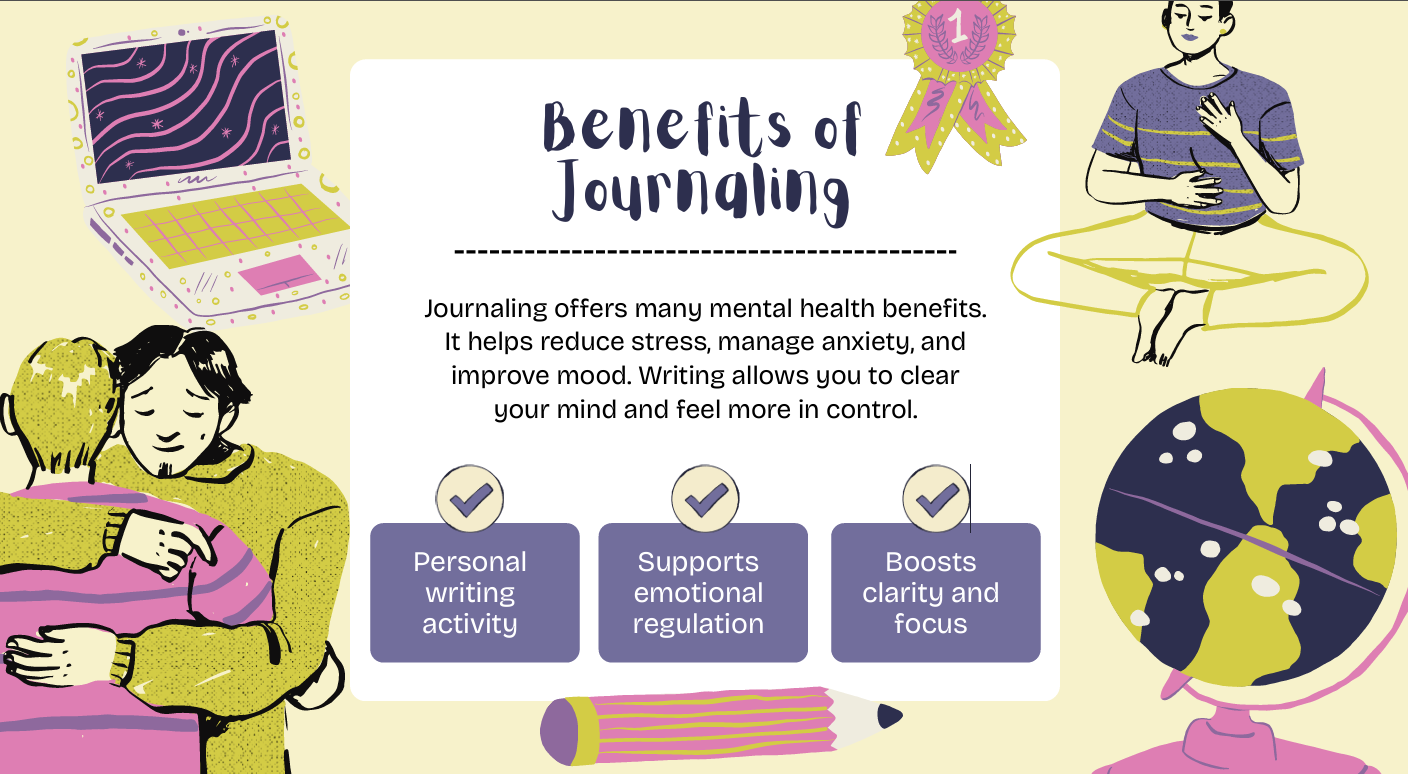 "Educational page from How to Start Journaling free guide listing the benefits of journaling — reduces stress, manages anxiety, improves mood, clears the mind, and supports emotional regulation and focus – clean, encouraging design for beginners explori